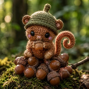 May include: A brown crocheted squirrel figurine wearing a green acorn-shaped hat. The squirrel has large black eyes, pink cheeks, and a curled tail, and it is holding a small acorn while sitting atop a cluster of several natural brown acorns.