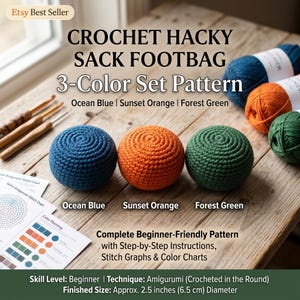 Puede incluir: Tres pelotas de crochet esféricas en azul océano, naranja atardecer y verde bosque. Incluye tres ovillos de lana a juego, tres ganchillos de madera y hojas de instrucciones impresas con gráficos de puntos y guías de planificación de color.