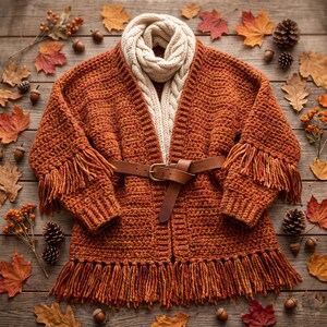 May include: A burnt orange crochet cardigan featuring long sleeves with fringe details, a matching fringe hem, and a brown leather belt with a gold buckle cinched at the waist, worn over a cream-colored chunky knit scarf with a braided texture.