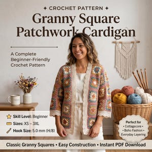 Grandma Square Patchwork Cardigan Häkelanleitung PDF | Anfänger häkeln Strickjacke | Bunter Patchwork Pullover XS–3XL
