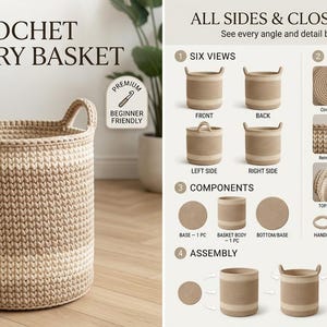 May include: A crochet laundry basket with two handles, featuring a two-tone beige and cream striped pattern. The image includes instructional text, diagrams showing six views, components, assembly steps, and a list of materials like a 6.0 mm hook.