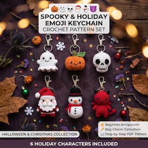 May include: A crochet pattern set for six holiday-themed keychains featuring a ghost, pumpkin, skull, Santa Claus, snowman, and devil. The text reads SPOOKY & HOLIDAY EMOJI KEYCHAIN CROCHET PATTERN SET, HALLOWEEN & CHRISTMAS COLLECTION, and 6 HOLIDAY CHARACTERS INCLUDED.