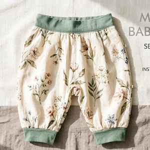 Schnittmuster für Babyhosen „Meadow“ (PDF), Haremshosen für Babys, Größen 3–18 Monate, mit elastischem Bund, Sofort-Download