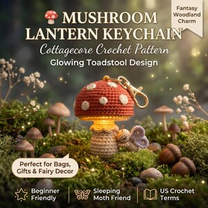 Mushroom Lantern Crochet Pattern PDF, Cottagecore Keychain Amigurumi, Toadstool Light Charm, Fantasy Crochet Keychain Pattern