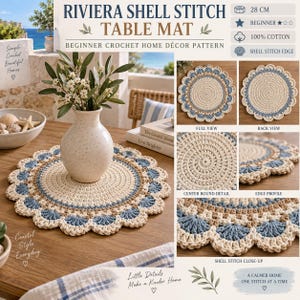 May include: A round crochet table mat pattern titled Riviera Shell Stitch Table Mat. The design features a 28 cm diameter, 100% cotton construction, and a scalloped shell stitch edge in cream, tan, and blue yarn colors for home decor.