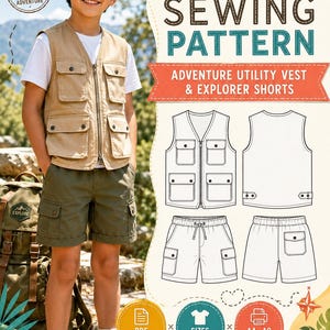 May include: A digital sewing pattern for an adventure utility vest and explorer shorts. The design features a tan vest with multiple pockets and olive green shorts. The document includes technical line drawings, sizing for 1-10 years, and PDF format.