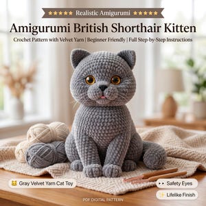 Może przedstawiać: Szydełkowany kotek amigurumi rasy brytyjskiej krótkowłosej wykonany z szarej aksamitnej włóczki, z dużymi bursztynowymi bezpiecznymi oczami, małym różowym języczkiem i białymi wąsami. Tekst zawiera Realistic Amigurumi, Amigurumi British Shorthair Kitten, Crochet Pattern with Velvet Yarn, Beginner Friendly, Full Step-by-Step Instructions, Gray Velvet Yarn Cat Toy, Safety Eyes, Lifelike Finish oraz PDF Digital Pattern.