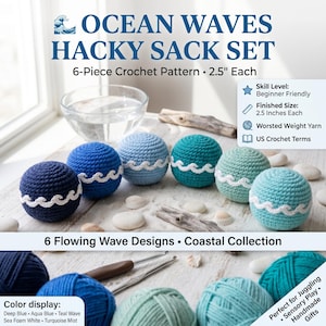 Puede incluir: Un conjunto de 6 patrones de ganchillo titulado Ocean Waves Hacky Sack Set, con seis pelotas esféricas en tonos azules y blancos con diseños de olas. Cada pieza mide 6,35 cm. Incluye información sobre hilo y términos de ganchillo de EE. UU.