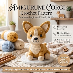 May include: A crochet pattern guide for an amigurumi Corgi, featuring a golden-brown and white plush dog, yarn balls, and bamboo hooks. Text includes AMIGURUMI CORGI Crochet Pattern, Beginner-Friendly Guide, Skill Level: Beginner, Finished Size: ~6 inches, and 3.5 mm hook.