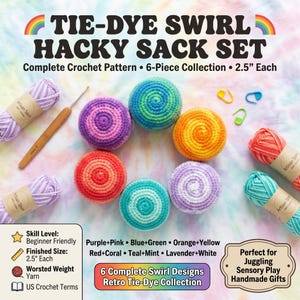 May include: A 6-piece crochet hacky sack set with tie-dye swirl patterns in purple, pink, blue, green, orange, yellow, red, coral, teal, mint, lavender, and white. Includes a 2.5-inch crochet hook, yarn skeins, and stitch markers with text.