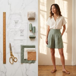 Puede incluir: Una camisa blanca de manga corta con botones y pantalones cortos plisados color verde salvia, combinados con sandalias marrones. Junto al conjunto hay patrones de papel Vogue 9817, una regla de madera, tijeras doradas, hilos y telas.