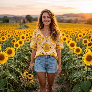 May include: A crochet top featuring a repeating sunflower motif in yellow, brown, and cream, paired with light blue denim shorts. The top has a V-neckline and short sleeves, constructed from joined square panels with a floral pattern.