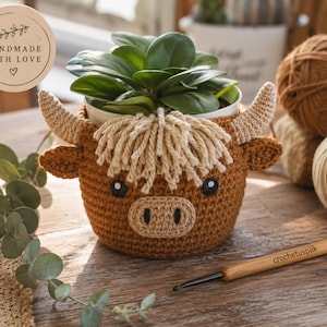 May include: A brown crocheted plant pot cover shaped like a Highland cow with cream-colored yarn fringe, two horns, and embroidered facial features. The cover holds a green plant and is accompanied by a wooden crochet hook labeled crochetuspak.