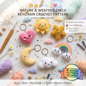 6 IN 1 Nature Crochet Pattern PDF, Weather Emoji Keychain Bundle, Sun Moon Rainbow Cloud Crochet Pattern, Amigurumi Charm Set