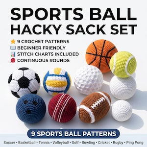 Puede incluir: Un conjunto de nueve pelotas deportivas de ganchillo que incluyen fútbol, baloncesto, tenis, voleibol, golf, bolos, críquet, rugby y ping pong. El texto dice SPORTS BALL HACKY SACK SET, 9 CROCHET PATTERNS, BEGINNER FRIENDLY, STITCH CHARTS INCLUDED, CONTINUOUS ROUNDS.