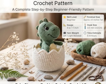 May include: A crochet pattern for an amigurumi dinosaur hatching from a cracked egg. The text reads Amigurumi Dinosaur Hatching Egg Crochet Pattern, A Complete Step-by-Step Beginner-Friendly Pattern, and Baby Dinosaur Peeking Out of a Cracked Egg.