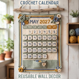 Crochet 2027 Calendar Pattern PDF, Reusable Wall Hanging Countdown Decor, Modern Sage & Mustard Crochet Tutorial