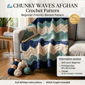 Pode incluir: Um padrão de crochê para um cobertor afegão de ondas grossas com design chevron em fios azul-marinho, verde-azulado e creme. O texto diz Chunky Waves Afghan Crochet Pattern, Beginner-Friendly, e inclui um tamanho de 127 por 152 cm.
