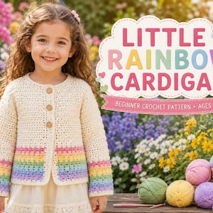Puede incluir: Un cárdigan de ganchillo color crema con mangas largas que presentan rayas horizontales de arcoíris en los puños y el dobladillo. La prenda tiene tres botones redondos de madera en la parte delantera. El texto dice LITTLE RAINBOW CARDIGAN BEGINNER CROCHET PATTERN AGES 1-10.