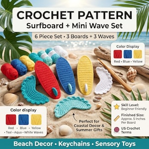 May include: A crochet pattern for a surfboard and mini wave set, including 6 pieces: 3 boards and 3 waves. The set features red, blue, yellow, teal, aqua, and white yarn colors. Includes a bamboo crochet hook and US crochet terms for beginners.