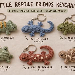 May include: Six crochet keychains labeled Little Reptile Friends Keychains, 6 Cute Crochet Patterns, Beginner. Includes a green chameleon, blue gecko, green iguana, green frog, terracotta salamander with white spots, and a brown tortoise.