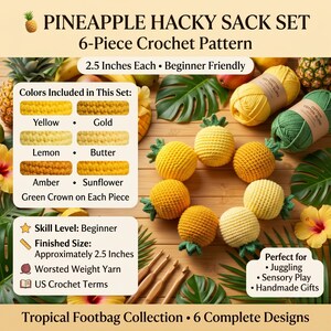 Patrón de ganchillo PDF de Piña Hacky Sack, Set de 6 piezas de Amigurumi Footbag, Pelotas de malabares tropicales amarillas, Patrón de ganchillo para principiantes, Regalo de juguete