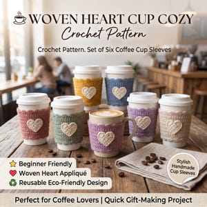 Può includere: Un set di sei manicotti per tazze da caffè all'uncinetto in senape, blu, rosa, verde salvia, lavanda e beige, ognuno con un'applicazione a cuore intrecciato color crema. Il testo recita WOVEN HEART CUP COZY Crochet Pattern, Set of Six Coffee Cup Sleeves.