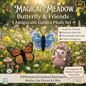 Op de afbeelding: Een gehaakte amigurumi-set met een zwart-oranje monarchvlinder, een blauw-paarse vlinder en een lichtroze egel met een bloemenkrans. De tekst luidt Magical Meadow Butterfly & Friends Amigurumi Garden Plush Set.