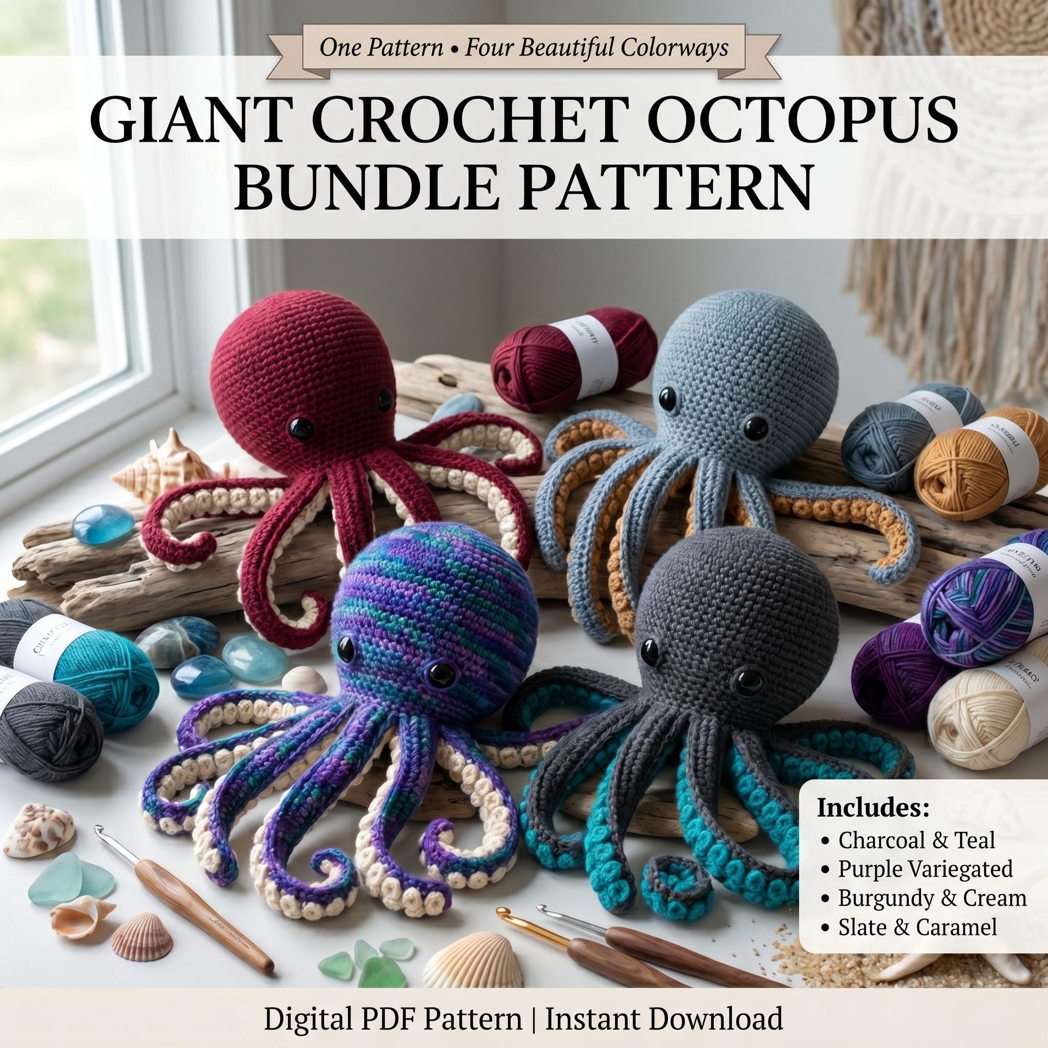 5 Giant Octopus Crochet Patterns for Plush Ocean Decor and Amigurumi Play 1 Giant Crochet Octopus Bundle 4 Octopus Color Variations