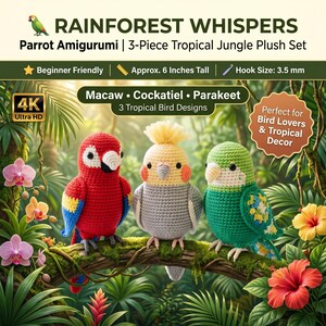 Parrot Crochet Pattern Bundle PDF, Macaw Cockatiel Parakeet Amigurumi Set, Tropical Bird Crochet Pattern, Beginner PDF