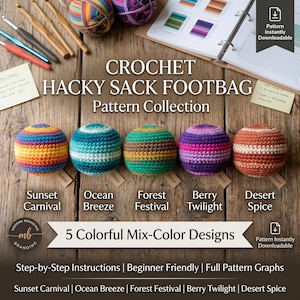 May include: Five crocheted hacky sack footbags in a row, each featuring distinct striped color patterns labeled Sunset Carnival, Ocean Breeze, Forest Festival, Berry Twilight, and Desert Spice, accompanied by crochet hooks and yarn balls.