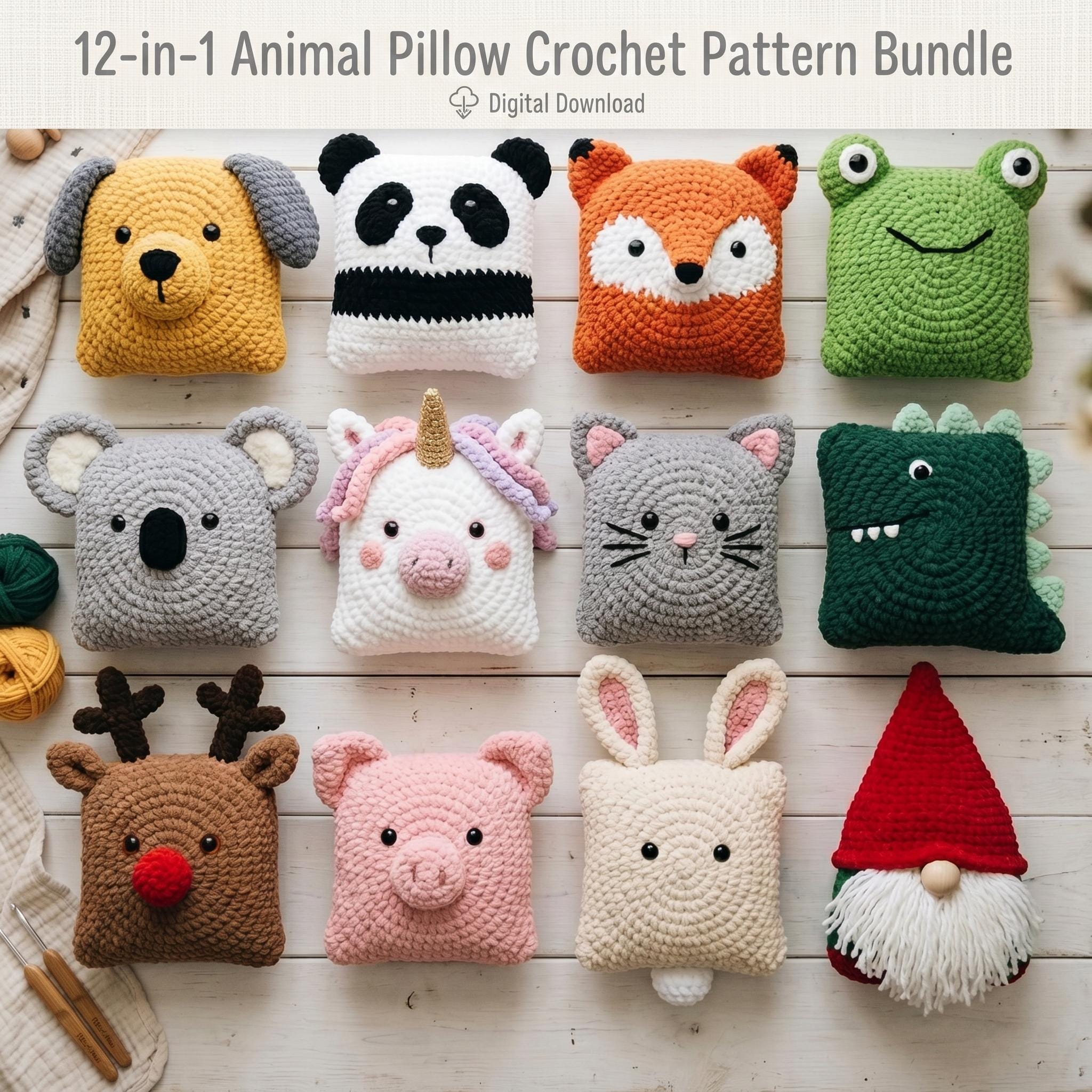 12-in-1 Animal Pillow Crochet Pattern Bundle Amigurumi