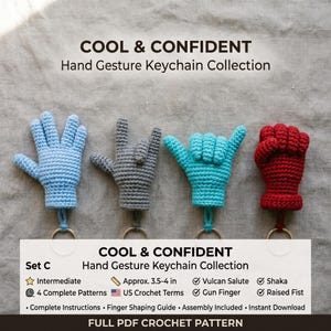 Cool Hand Gesture Virkmönsterpaket PDF, Vulcan Salute Shaka Gun Finger Nose Keychain Amigurumi Mönster Set