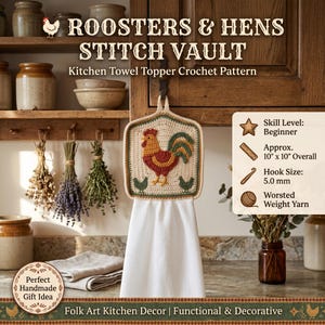 May include: A crochet kitchen towel topper pattern titled Roosters & Hens Stitch Vault. The topper features a rooster and two hens in red, yellow, and green on a cream background. It measures 10 inches by 10 inches and uses 5.0 mm hooks.