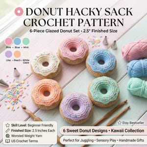 Puede incluir: Un patrón de ganchillo para un set de 6 rosquillas glaseadas, con el texto DONUT HACKY SACK CROCHET PATTERN y un tamaño final de 6,35 cm. Seis rosquillas de ganchillo en rosa, azul, menta, lila, melocotón y blanco junto a hilo y ganchillos.