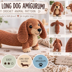 Virkat taxmönster, korvhund amigurumi PDF, lång plyschvalp, enkelt virkmönster för djur