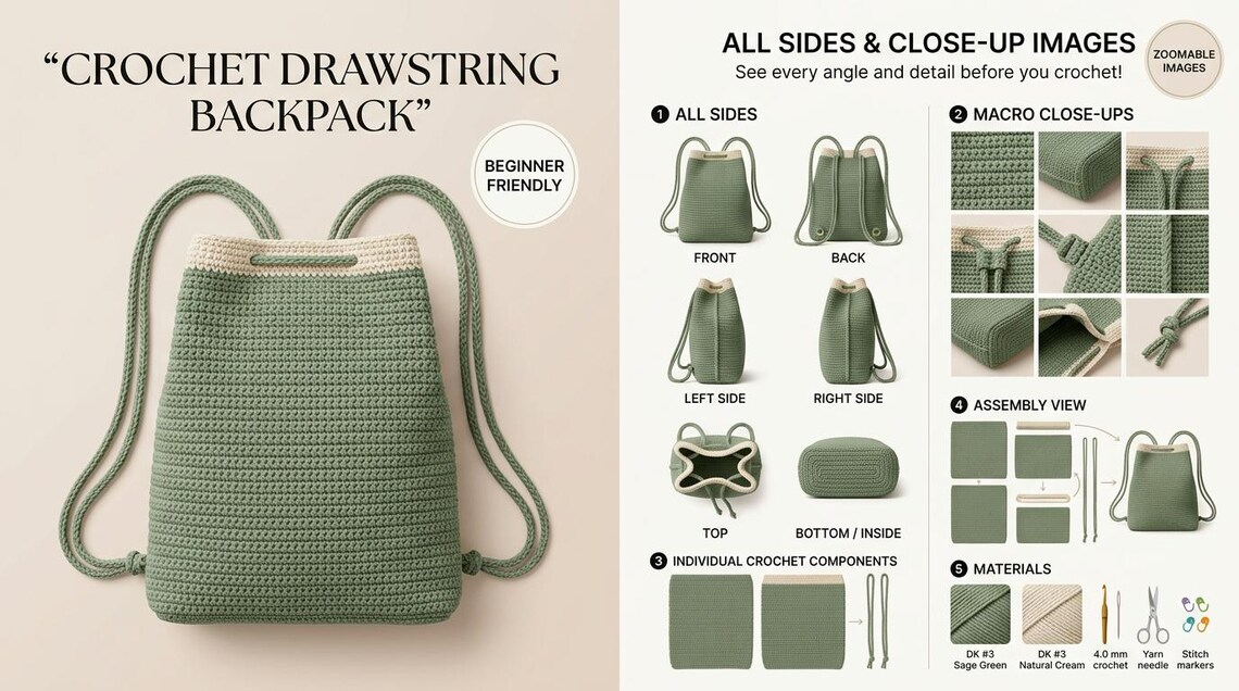 Crochet Drawstring Backpack Pattern, Easy Backpack PDF, Crochet Bag ...