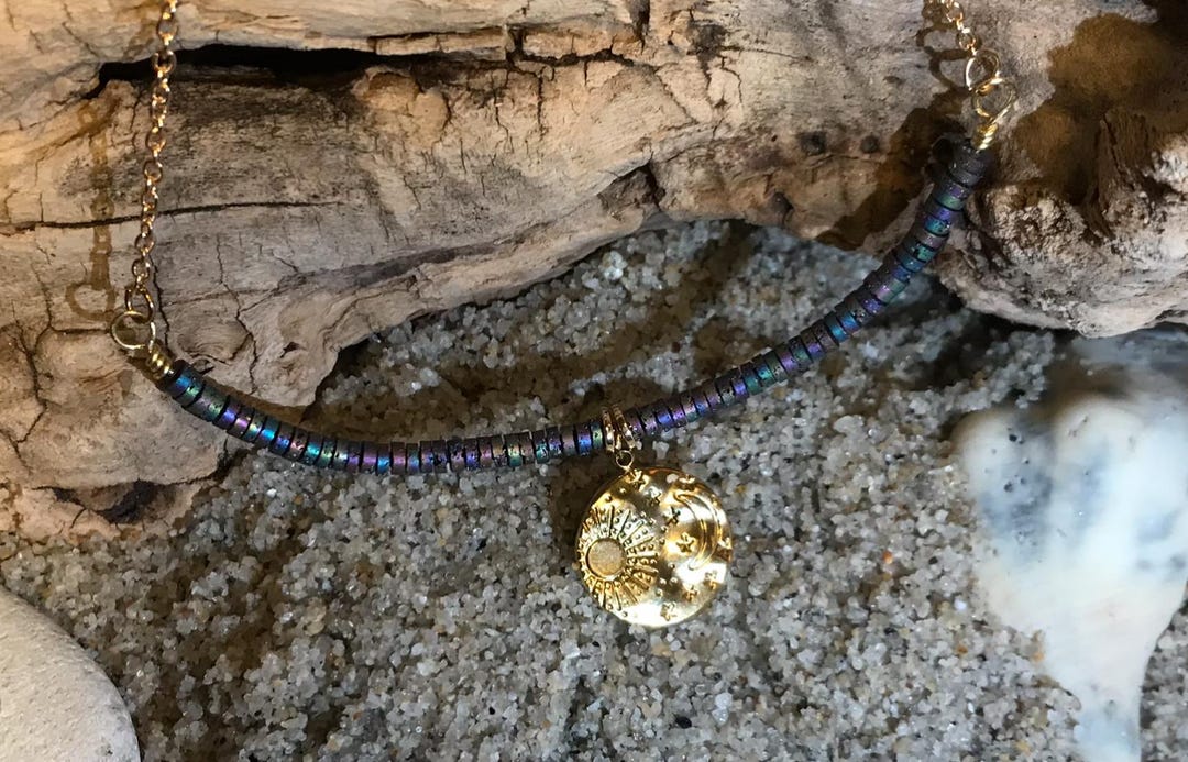 Sun Moon Pendant With Lava Stone Bead Bar on Chain - Etsy