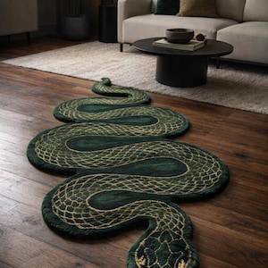 Handmade Emerald Snake Rug, Luxury Forest Green Python Shape Carpet, Unique Serpentine Floor Art for Living Room