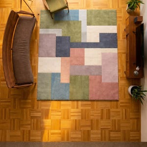Handmade Mid-Century Modern Geometric Rug, Custom Tufted Block Pattern Area Carpet, Minimalist Aesthetic Floor Mat for Living Room