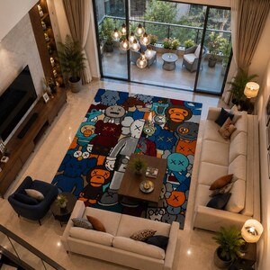 May include: An overhead view of a modern living room with a large, colorful rug featuring cartoon characters. The room includes a beige sectional sofa, a wooden coffee table, and a large-screen TV. The rug's design incorporates blue, orange, and gray tones.