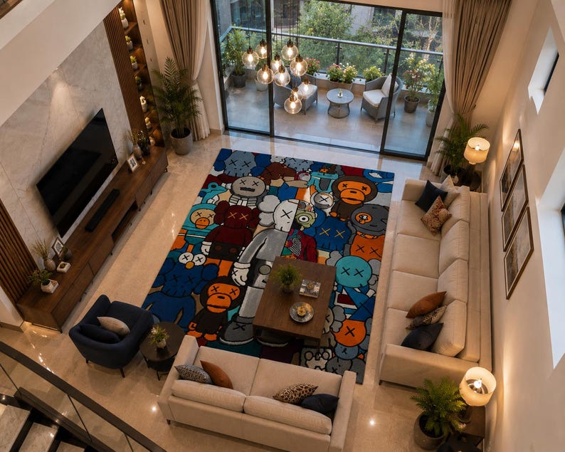 May include: An overhead view of a modern living room with a large, colorful rug featuring cartoon characters. The room includes a beige sectional sofa, a wooden coffee table, and a large-screen TV. The rug's design incorporates blue, orange, and gray tones.
