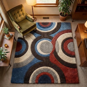 Handmade Abstract Sunburst Rug, Custom Tufted Yellow and Orange Splash Carpet, Modern Artistic Statement Floor Mat