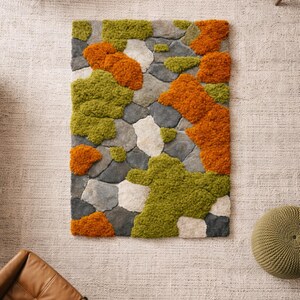 Handmade Mossy Rock Abstract Rug, Custom Tufted Forest Floor Area Carpet, 3D Textured Stone & Greenery Statement Mat