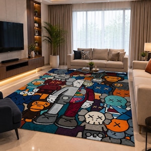 May include: A colorful area rug with a cartoon character design in a living room setting. The rug features a variety of characters in shades of blue, orange, gray, and red. The room includes a sofa, chairs, and a large television.