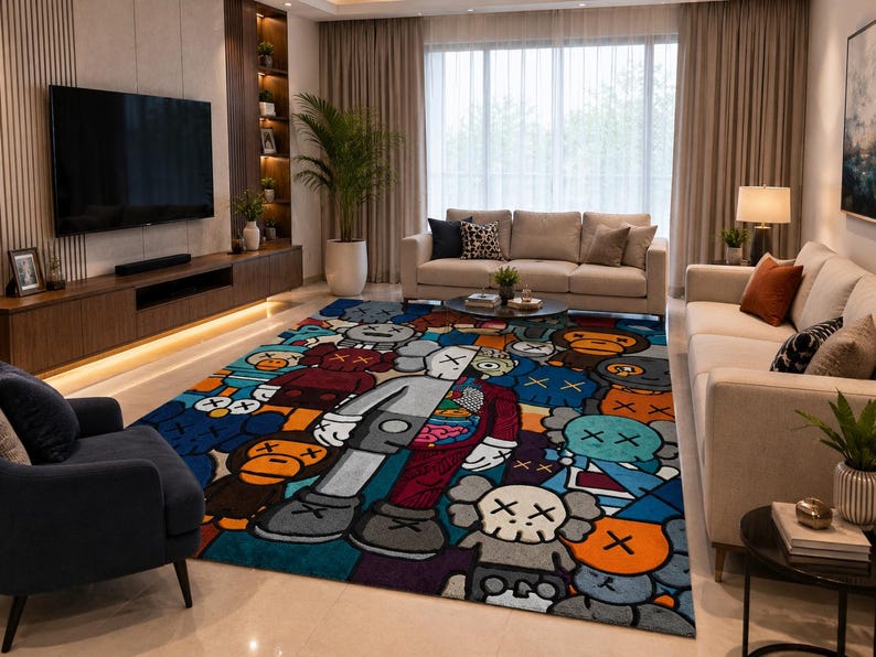 May include: A colorful area rug with a cartoon character design in a living room setting. The rug features a variety of characters in shades of blue, orange, gray, and red. The room includes a sofa, chairs, and a large television.
