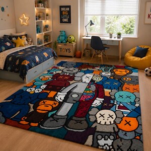 May include: A colorful area rug featuring a repeating pattern of cartoon figures in various colors. The rug has a mix of blues, oranges, grays, and reds, with a large central figure. The rug is placed in a child's bedroom.