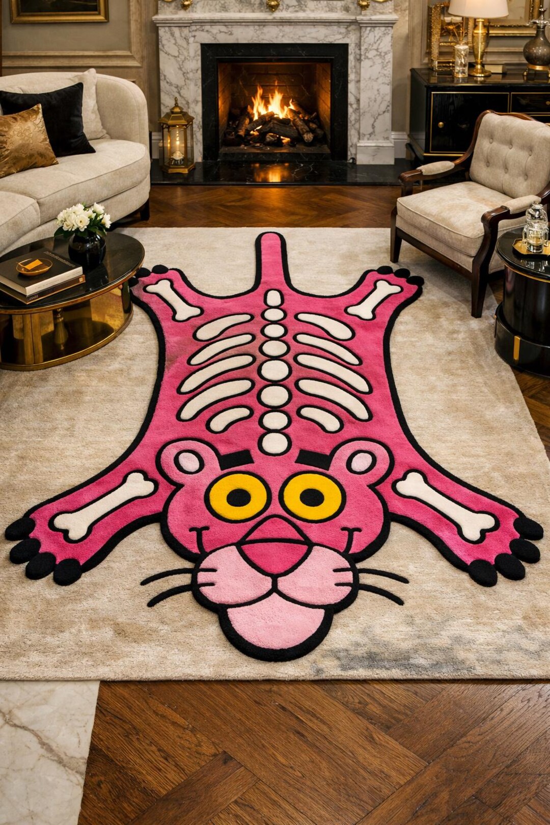 Skeleton Cat Rug Hand Tufted Pink Panther Skeleton Rug – Irregular Shape Cartoon Area ...