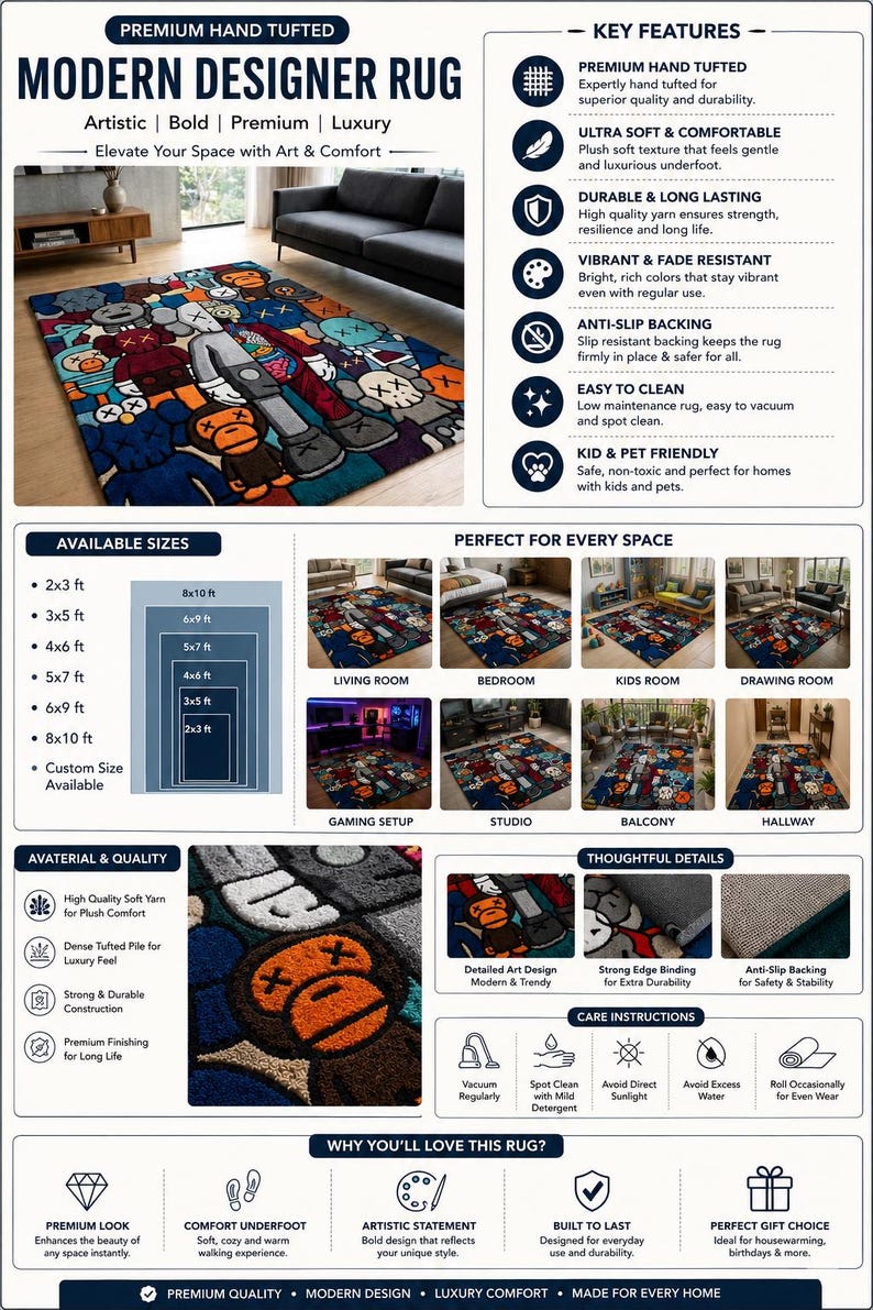 May include: Modern designer rug with a colorful cartoon character design. Available in various sizes, including 2x3 ft, 3x5 ft, and 8x10 ft. Features include premium hand tufting, ultra-soft texture, and anti-slip backing. Perfect for living rooms, bedrooms, and kids' rooms.