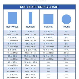 May include: A blue and white rug shape sizing chart. The chart displays sizes for rectangle, runner, square, and round rugs. Measurements are in feet and inches, with corresponding centimeter conversions.